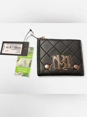 Badgley Mischka Black Quilted Leather Card Wallet with Gold Logo